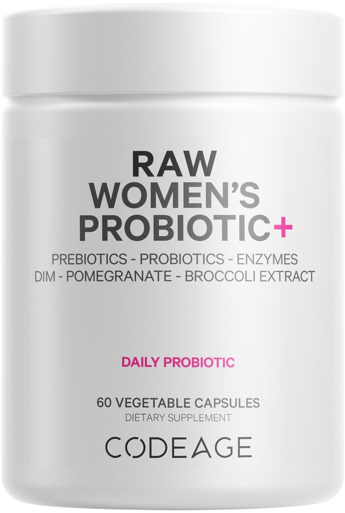Codeage Raw Women's Probiotic+ Supplement - 34 Probiotiska stammar, 100 miljarder CFU, Digestive Enzymes, Prebiotic Blend, DIM, Herbal Extracts, Phytonutrients - Icke-GMO - 30 kapslar