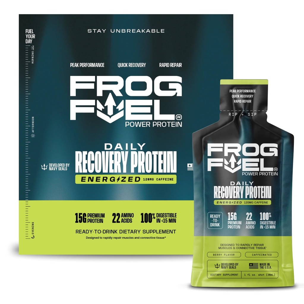 Frog Fuel Power Energized Protein Shot, 15g Protein Nano-Hydrolyzed Grass Fed Collagen, 120mg koffein, fett och sockerfri, 22 Aminosyror, 0 Carbs, Berry, 1 oz Packets, 24 Pack
