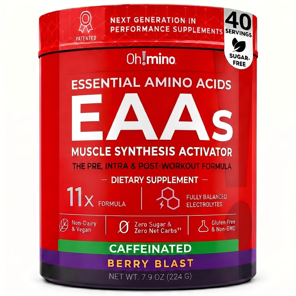 Oh!mino Essential Amino syror tillskott. Berry Blast, koffeinerat pulver. Alla 9 EAAs, BCAA och den perfekta amino för träning, Amino Energy och att bygga muskler och återhämta sig snabbare.