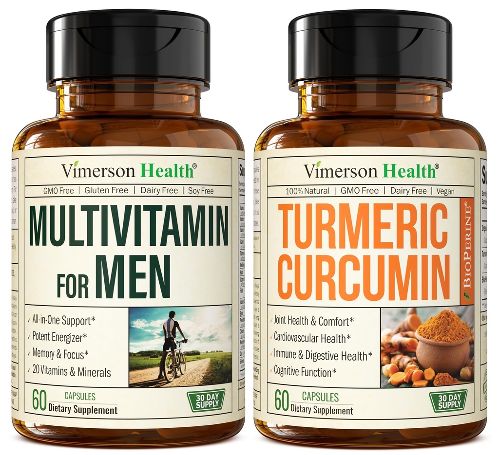 Vimerson Health Mens Multivitamin + gurkmeja Curcumin med Black Pepper Extract Bundle. Gemensam och immun stöd, obehag lättnad, antioxidant egenskaper för honom