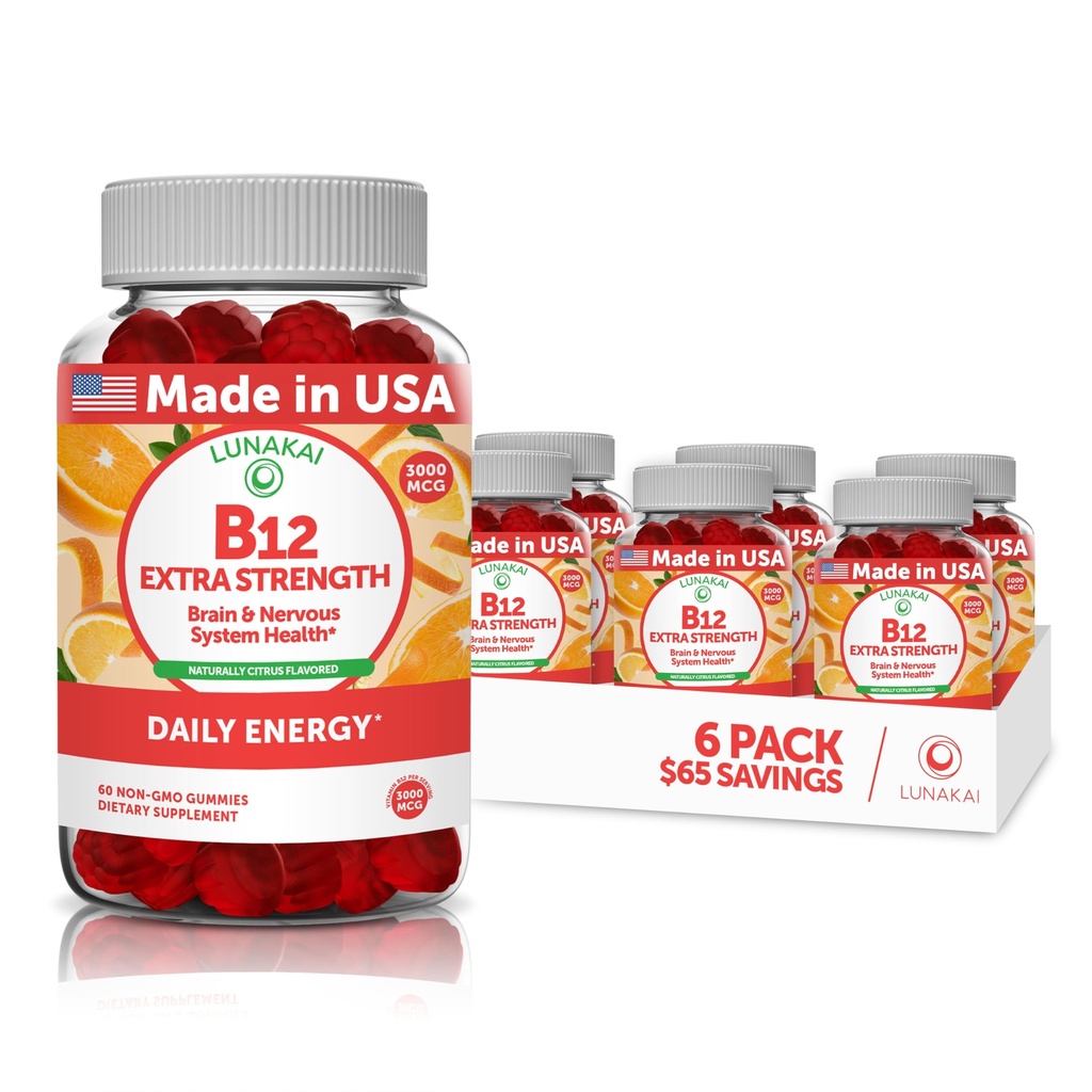 Vitamin B12 Gummies för vuxna - Tastiest Proprietary Formel - 3000mcg Methyl B-12 High Absorption Energy Gummies - Non-GMO Vegan Vit B12 - Chewable B 12 för energistöd och benhälsa - 6 Pack