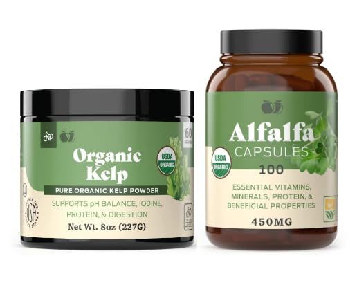Organic Kelp Powder 8oz & Pure Alfalfa Leaf 100 kapslar Bundle