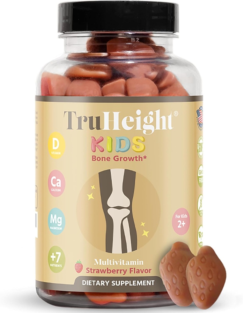 TruHeight Kids Bone Growth Gummies (Strawberry, Ages 2+) All Natural Kids & Toddler Vitaminer - Vitamin D, Calcium, K, Magnesium Multivitamin, Tillväxt och utveckling, bygger starka ben, D3 K2, Vegan