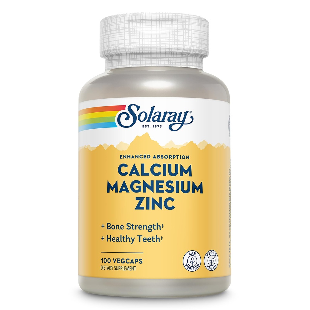 SOLARAY Calcium Magnesium Zink Supplement - med Calcium 1000mg, Magnesium 500mg - Benhälsa, muskelfunktion, hjärthälsa och immunstöd - Vegan, 60 dagars garanti, 25 portioner, 100 VegCaps