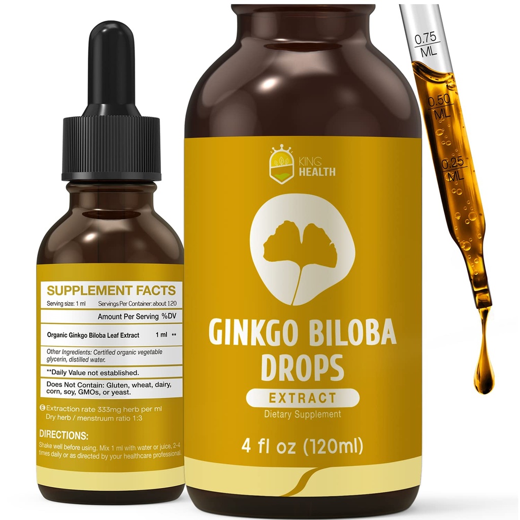 Organisk Ginkgo Biloba Extract Liquid Supplements, Brain & Focus Support, 98% Absorption, Vegan, Non-GMO, alkohol & Gluten Free - 4 Fl Oz