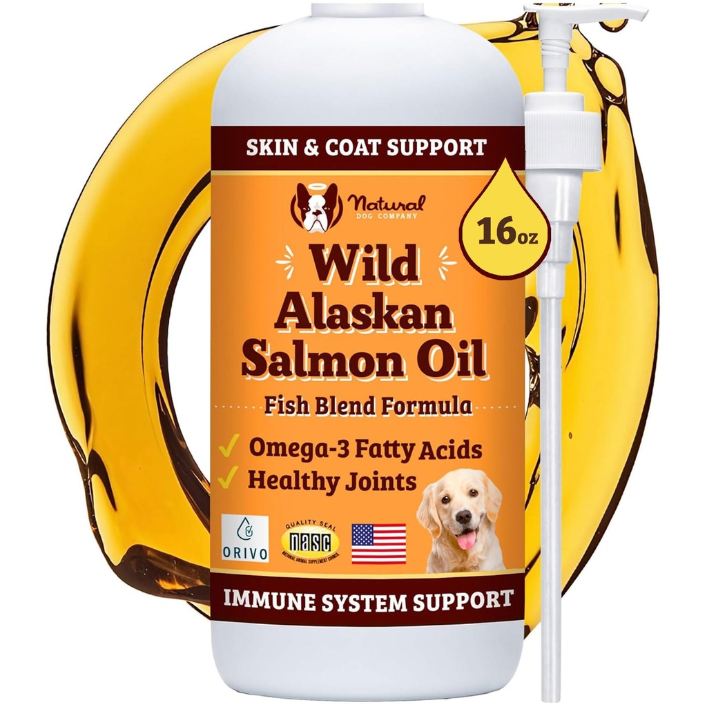 Natural Dog Company Wild Alaskan Salmon Oil Formel med Omega 3, Fish Oil för hundar Supplement, Skin & Coat Dog Oil, Itchy Relief, Immune Support för Joints & Heart, Food Topper, 16 uns.