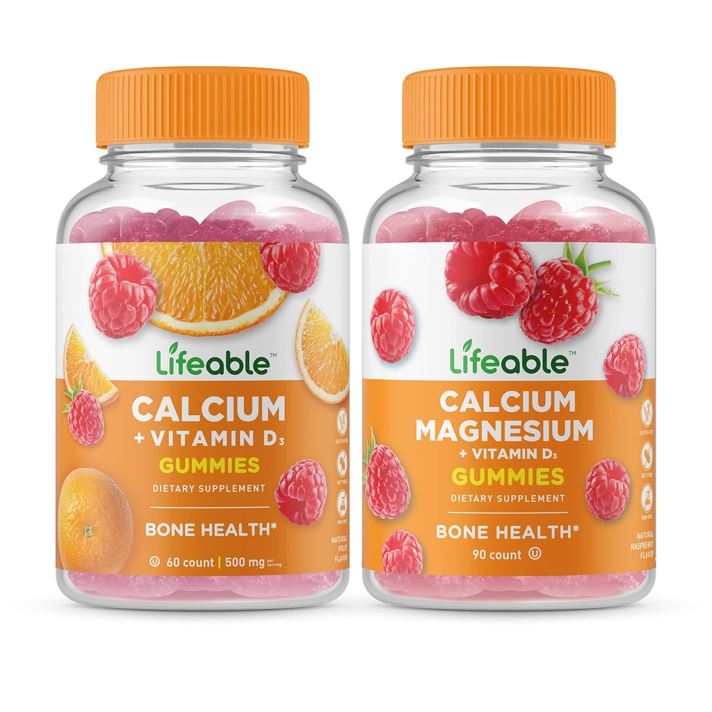 Livlig kalcium med vitamin D + Calcium Magnesium, Gummies Bundle - Great Tasting, Vitamin Supplement, Gluten Free, GMO Free, Chewable