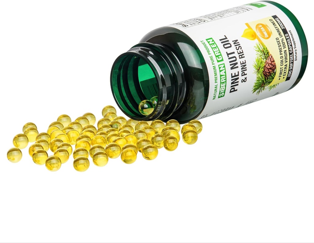 Siberian Green Pine Nut Oil w / Pine Resin Capsules 200 Softgels Wild Harvested Sibirien Altai Cold Pressad Orafined