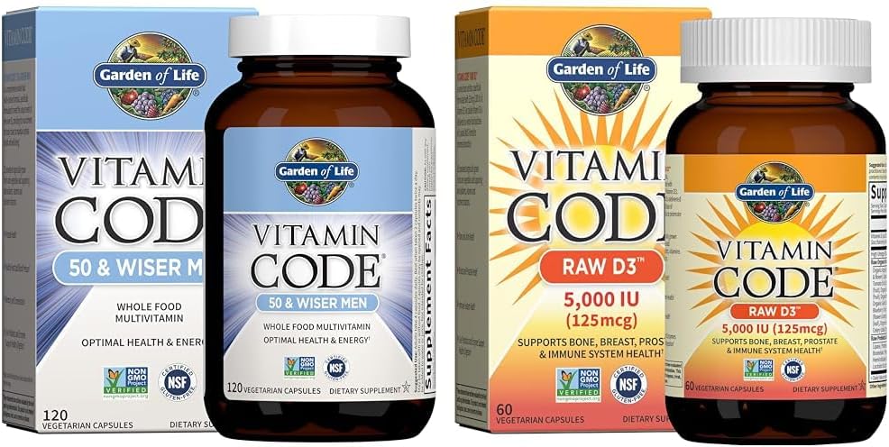 Garden of Life Mäns 50 & Wiser Raw Whole Food Multivitamin, vitamin D3 5 000 IE & Vitamin Code Raw Vitamins Bundle
