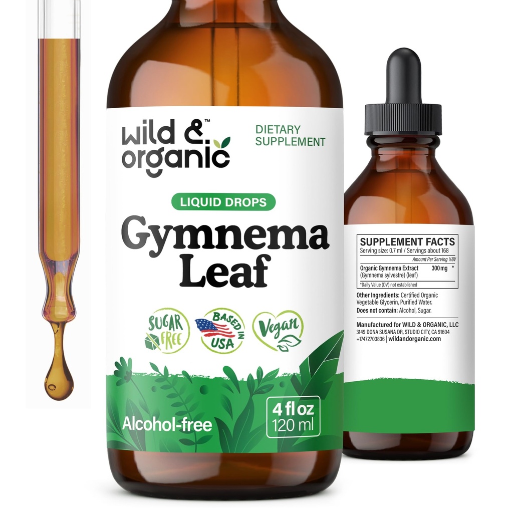 Wild & Organic Gymnema Sylvestre Extract Drops - Sugar-Free Gymnema Sylvestre Supplements - Gurmar Powder Based Tincture - Vegan, alkoholfri Leaf Liquid Drops - 4 fl oz