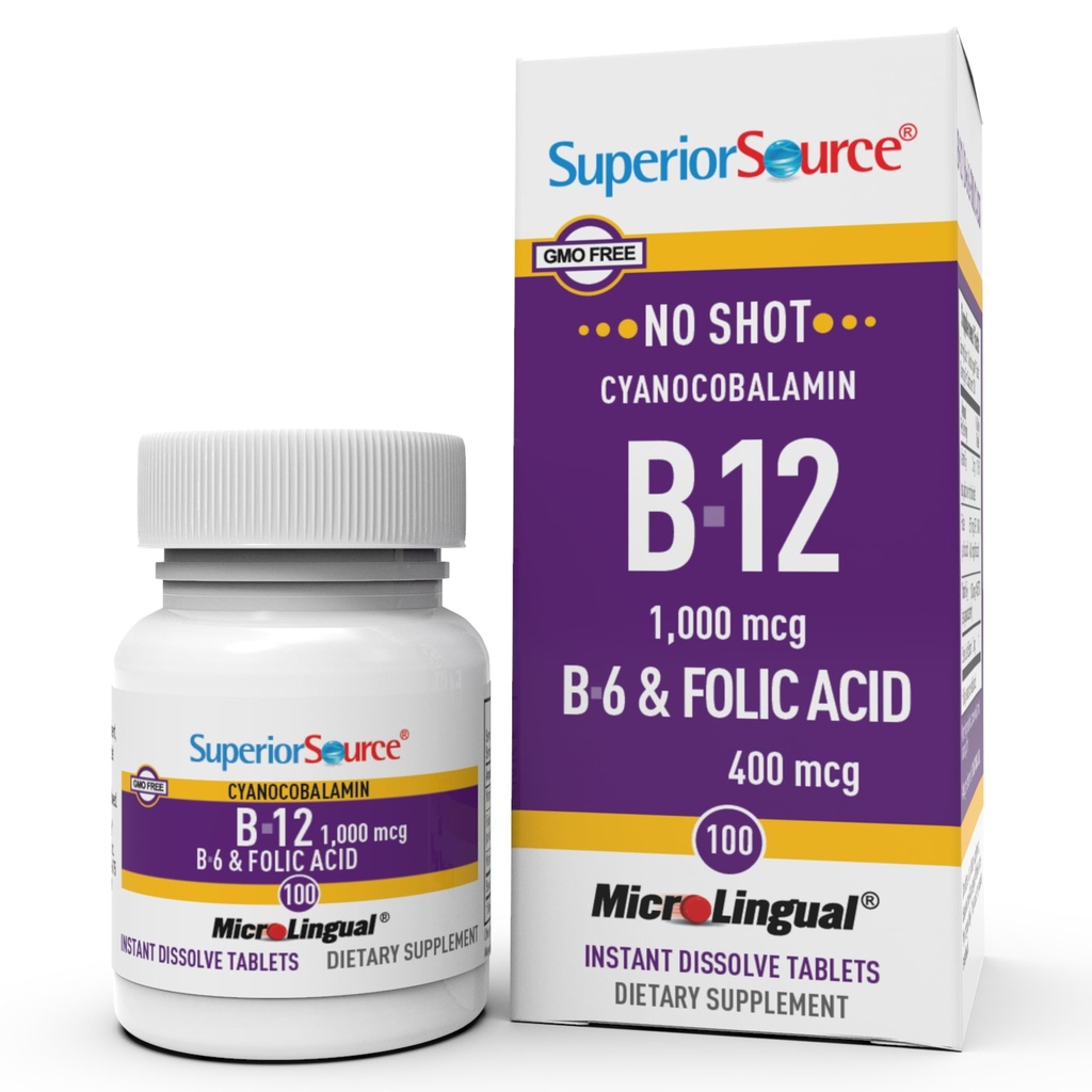 Superior Source No Shot Vitamin B-12 Cyanocobalamin 1000 mcg, B-6, Folsyra 400 mcg - Stöd Brain & Heart Health - Hjälper Naturliga energinivåer - 100 Sublingual Dissolving tabletter