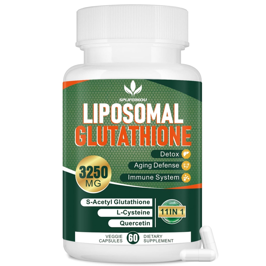 3250 MG Liposomal Glutathione Supplement,Reduced L-Glutathione med Resveratrol, Quercetin, Antioxidant Supplement för immunsystem, Gluten Free & Non-GMO, 60 kapslar