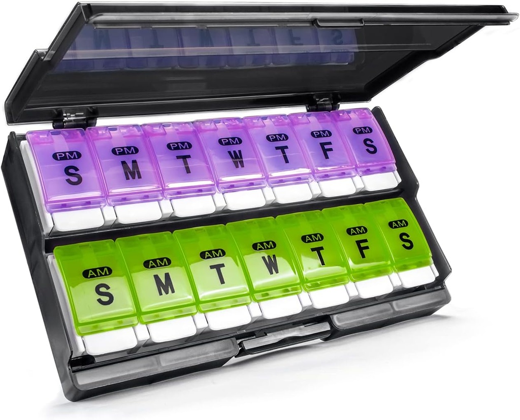 Extra stor Weekly Pill Organizer 2 gånger om dagen - Remtise Am / Pm Daily Pill Case Medicine Organizer, Push Button 7 Day Pill Box för piller / Vitamin / Cod Liver Oil / tillägg (Purple & Green)