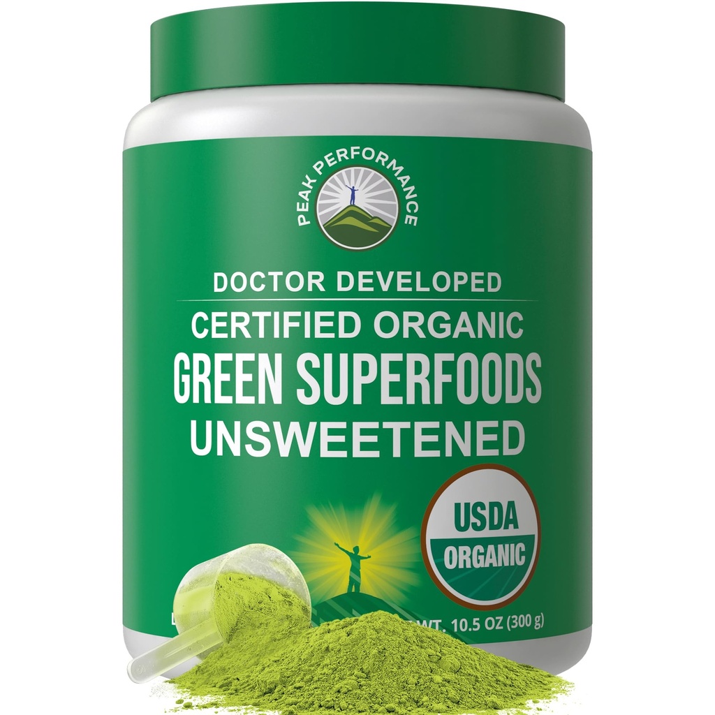 Peak Performance Unsweetened Organic Greens Superfood Powder. Super Greens Powder med 25 + organiska ingredienser för Max Energy och Athletic Performance. Vegan Keto Green Juice Daily Drink