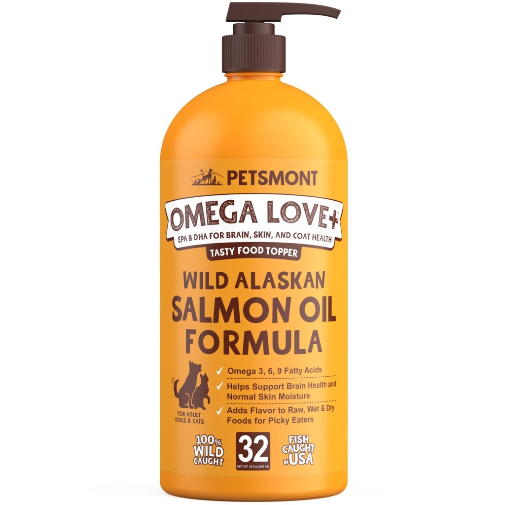 Petsmont Omega Love + Wild Alaskan laxolja för hundar Formel 32 oz - Fisk Omega Liquid Pump Cats stöder gemensam funktion Immun Hjärt hälsokosttillskott Pets Natural EPA DHA fettsyror