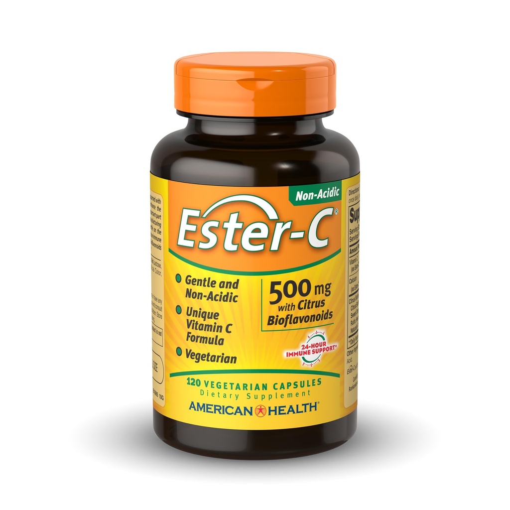 American Health Ester-C 500 mg med Citrus Bioflavonoider - 120 vegetariska kapslar - 24-timmars immunstöd - icke-GMO, Vegan, Glutenfri - 60 portioner