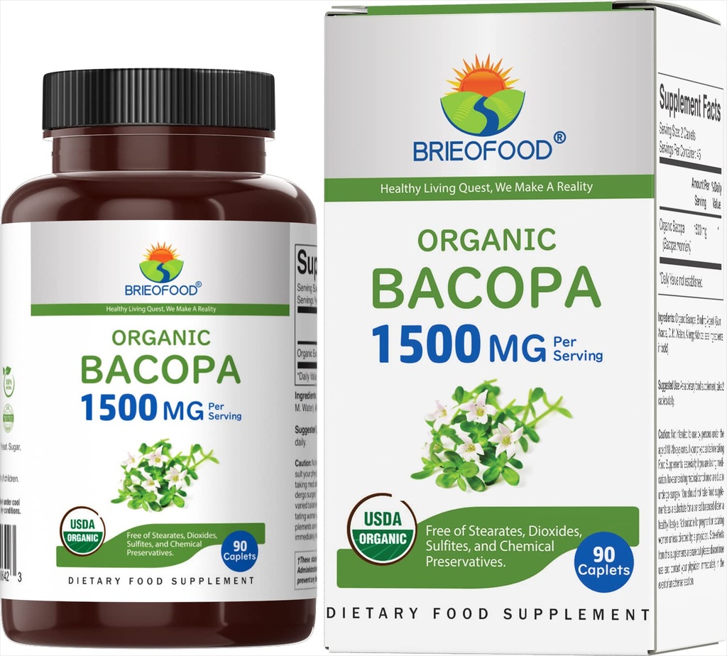 Brieofood Organic Bacopa 1500mg, 45 portioner, vegetariska, glutenfria, 90 vegetariska tabletter.