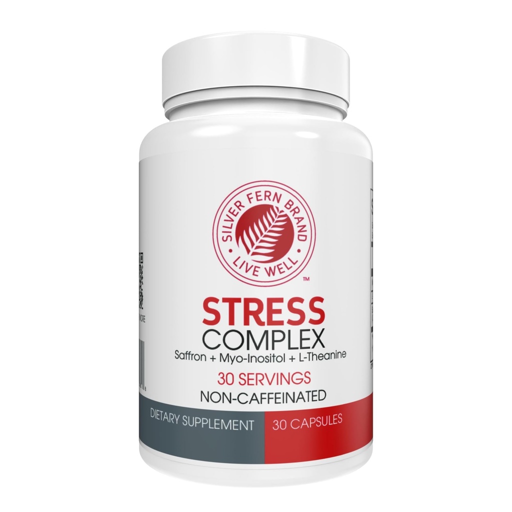 Silver Fern Stress Komplex Supplement - Utan koffein - Sömn, Oro, humör och mer - med Saffron Supplements, L-Theanin Supplement, & Myo-inositol - Natur Stress Relief Supplement (Pack of 1)