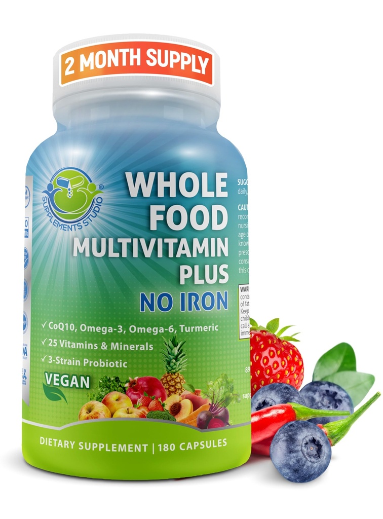 Vegan Whole Food Daily Multivitamin utan järn, metylerad multivitamin för kvinnor och män, gjord med frukt och grönsaker, B-Complex, probiotika, enzymer, CoQ10, Omegas, gurkmeja, icke-GMO, 180 greve