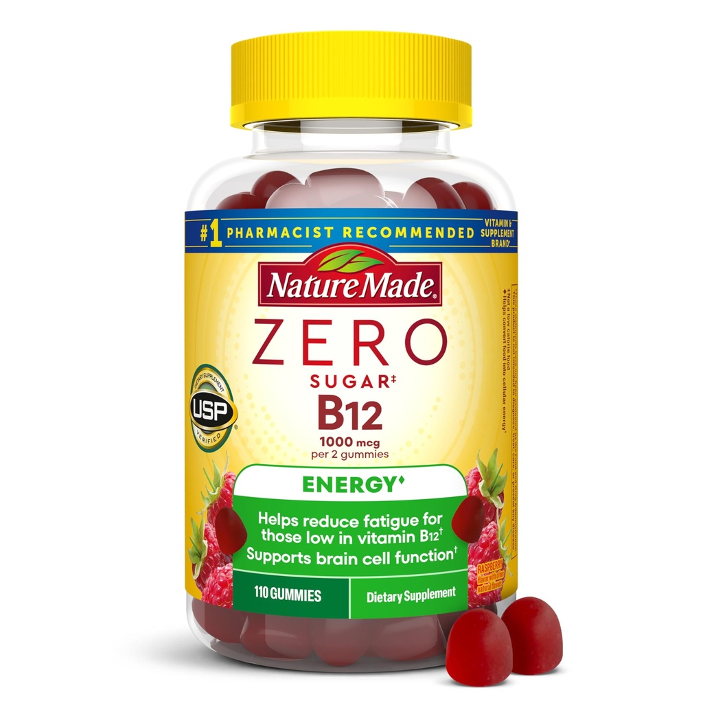 Nature Made Zero Sugar Energy Vitamin B12 Gummies 1000 mcg per Servering, B12 Vitaminer, Energi Metabolism Support, Aspartam Gratis, 110 Sugar Gratis Gummies, 55 Dag Supply