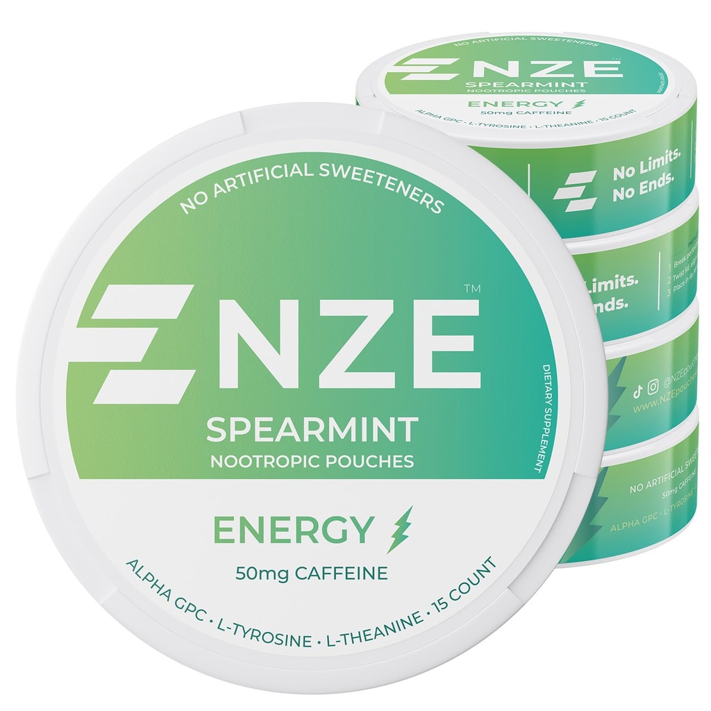 NZE Koffein Nootropic Pouches (Spearmint) - Energipåsar med 50mg Koffein, Alpha GPC, L-Tyrosine & L-Theanin utan socker eller konstgjorda sötningsmedel - 15 påsar per Can - 5 Pack