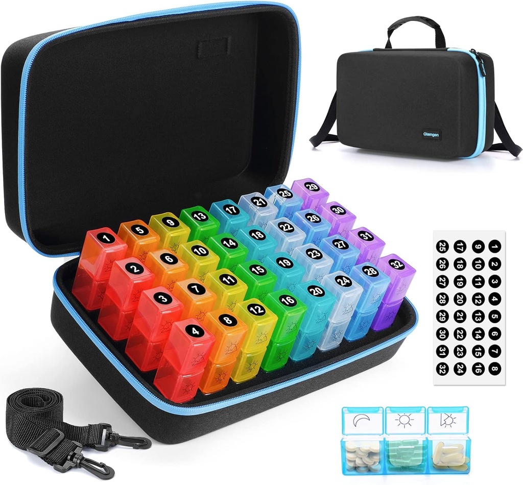 Månatlig Pill Organizer 3X per dag, Månatlig Pill Organizer 3 gånger om dagen,Medicin Pill Boxar med 30 dagliga avdelningar 32 Day Pill Holder med hård resa fall för vitamin, tillskott och medicinering