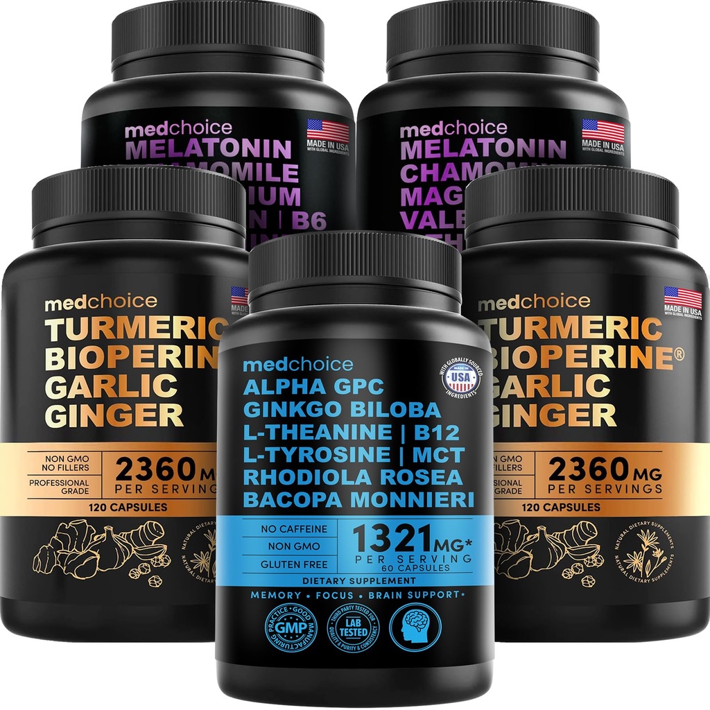 MEDCHOICE Turmeric & Ginger (240ct), Sleep Melatonin (180ct) och Nootropic Brain (60ct) Supplement Bundle - Wellness Trio för hjärna, sömn och immunstöd - Vegan, icke-GMO, Gluten-Free