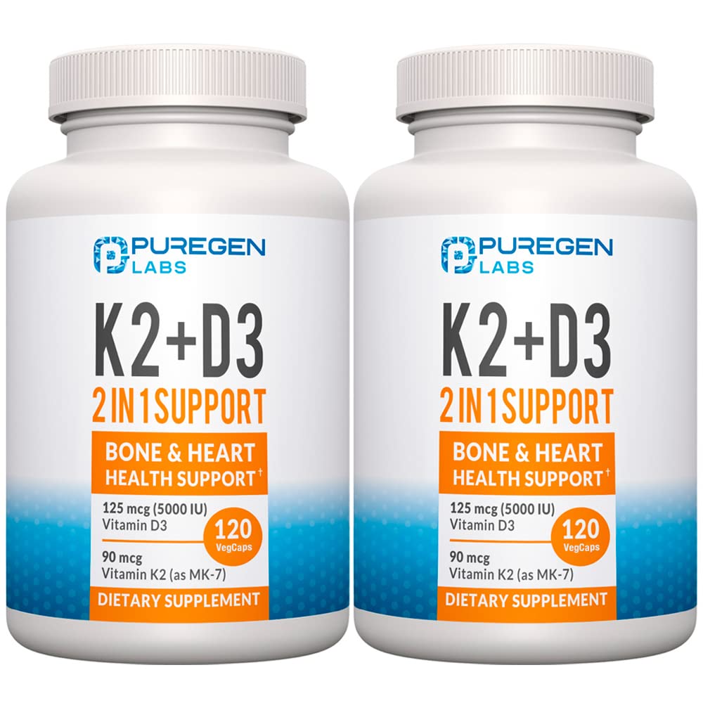 2 i 1 High Potency Formel 90mcg Vitamin K2 (MK7) och 5000 IE Vitamin D3 Supplement för ben- och hjärthälsa | Non-GMO Formel Vitamin D3 & K2 Complex, Totalt 240 kapslar I 8 månaders leverans