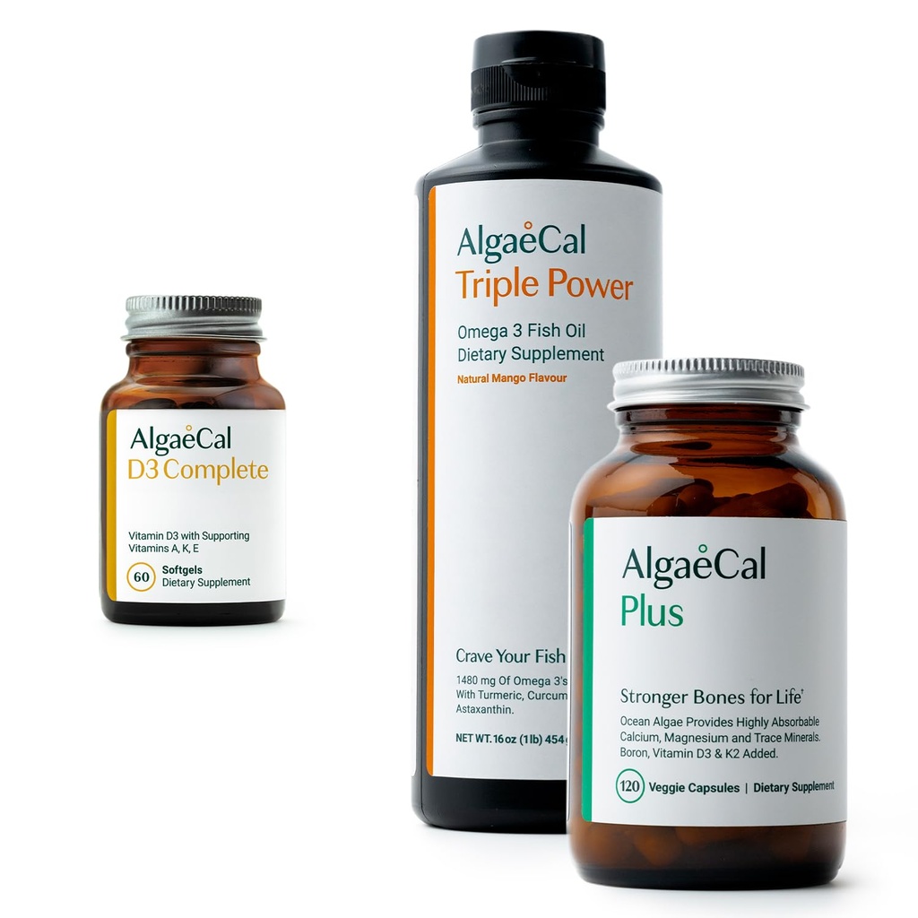 ALGAECAL Bundle - Vitamin D3 Complete (1000 IE) + Vitaminer K2, E & A & Plant-Based Calcium för starkare ben och fiskolja Omega 3 1200mg EPA DHA