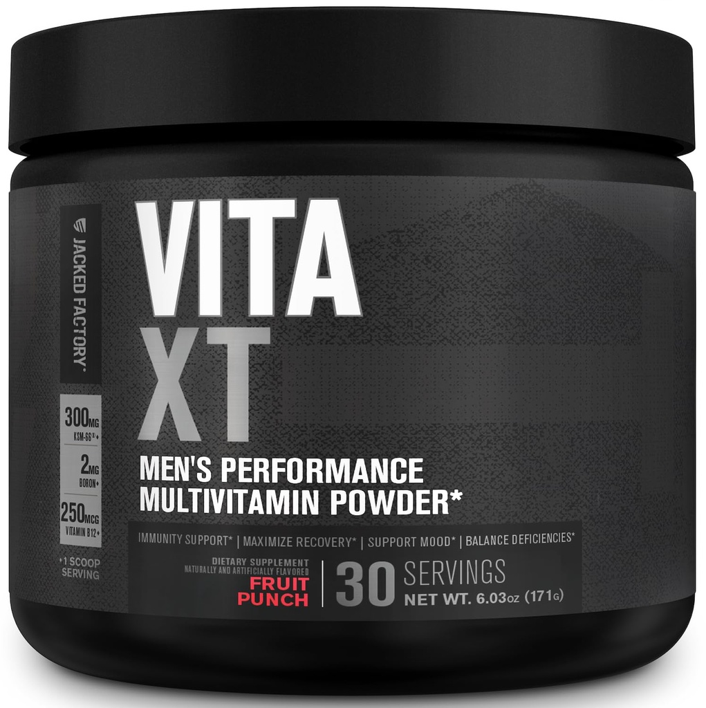 Jacked Factory Vita XT Performance Vitamin Powder - Daglig multivitaminpulver för män med KSM-66 Ashwagandha, Prebiotic Fiber, vitamin A, C, D, K, B6, B12 och mer - Fruit Punch, 30Sv