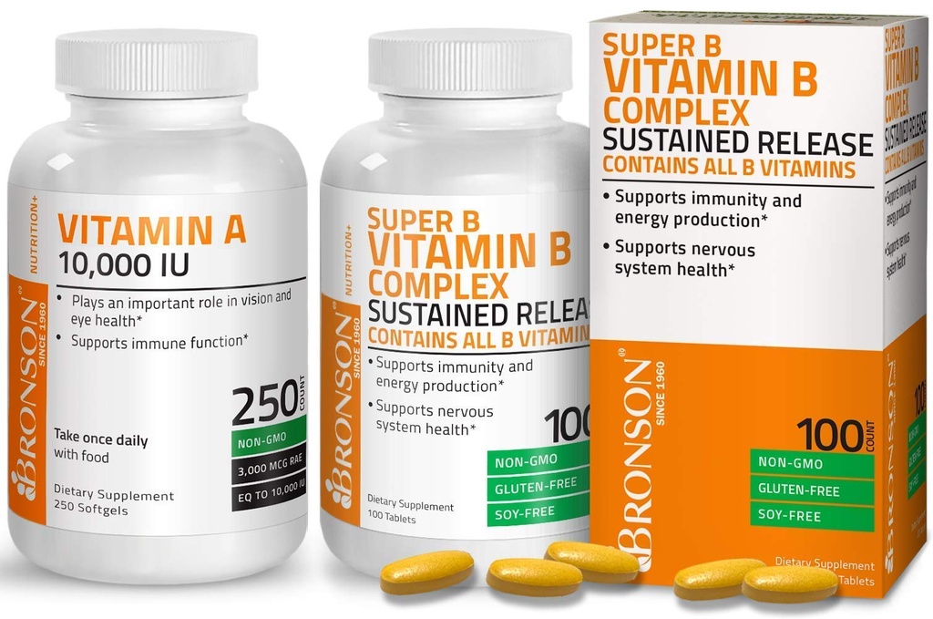 Bronson Super B Vitamin B Complex Sustained Slow Release + Vitamin A 10,000 IU Premium Non-GMO Formel
