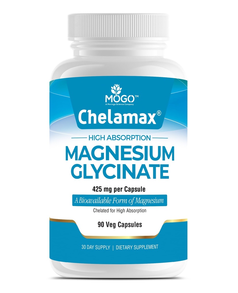 Chelamax Magnesium Glycinate. Döda havet, 100% chelated Magnesium för sömnstöd, muskelkramper, benhälsa. Tillverkad i USA, 3rd Party Tested, Heavy Metal Free, Glicinato de Magnesio Capsules.