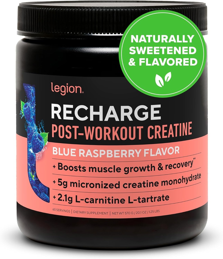 Legion Recharge Post Workout Supplement - All Natural Muscle Builder & Recovery Drink med Micronized Creatine Monohydrat. Naturligt sötad och smaksatt, säker och hälsosam. (Blue Raspberry, 60 Servering)