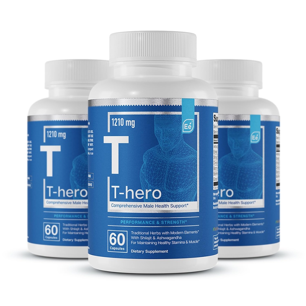 Essential Elements Male Health Supplement - Muscle Support & T-Health med DIM, Ashwagandha, Shilajit, Mer | T-Hero 60 Vegan Capsules (3-Pack)