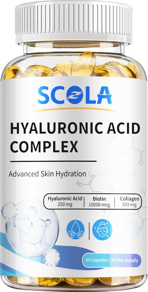 SCOLA Hyaluronic Acid Capsules - 250mg HA + 10.000mcg Biotin, 60 Vegan Capsules | Djup Hydration, Hår & Nail Support | Icke-GMO Formel