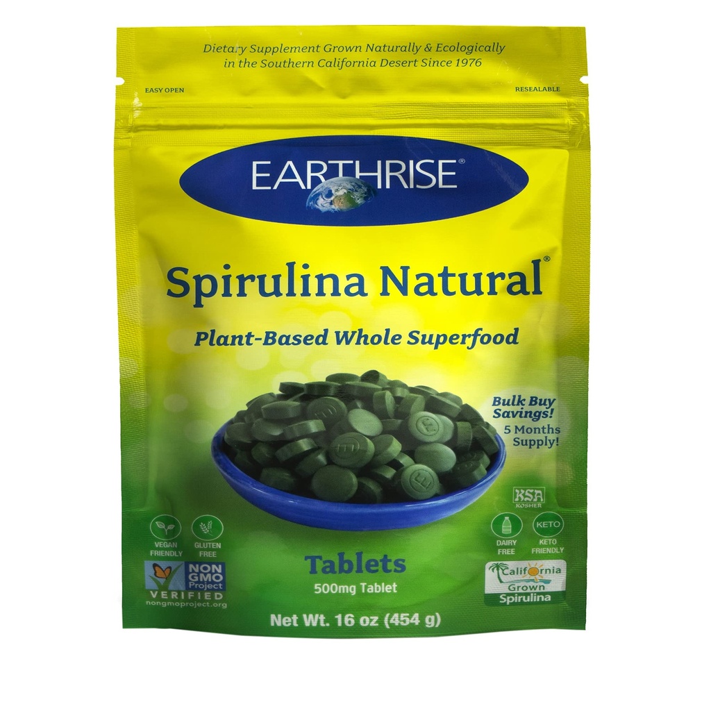 Earthrise Spirulina, Pure Californian Spirulina 500 mg, Vegan, Gluten Free, Keto Friendly, Non -GMO Super Food högt i vitaminer och mineraler., 1 LB tabletter (150 servering)
