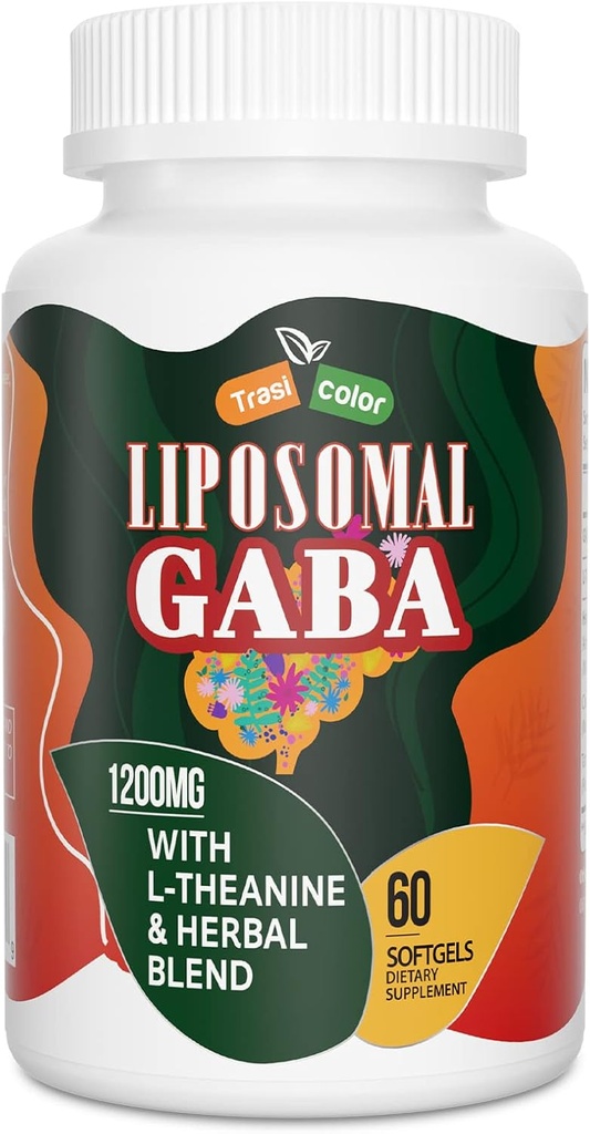 Liposomal GABA med L-Theanine Supplements 1200mg - High Absorption GABA Complex med Ashwagandha, Chamomile, Tart Cherry Herbal Supplements för män och kvinnor, 60 Softgels