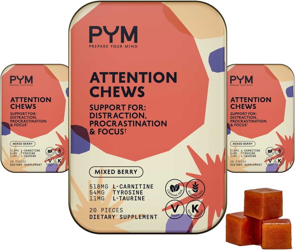 PYM Attention Chews Support for Procrastination, Focus & Productivity, 60 Count | 518mg L-Carnitine, 54mg Tyrosine, 11mg L-Taurin - Koffeinfri | All-Natural Mood Boost Supplement Made in USA