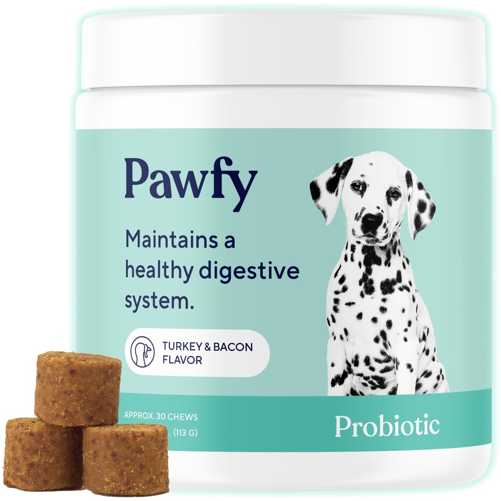 Pawfy Probiotics for Dogs | Stöder Digestive Health, Diarrhea för små, stora hundar | Förbättrar Gut Health | Anti Yeast Supplements | Hudhälsa säsongsallergier Support - 30 Chews (Bacon)