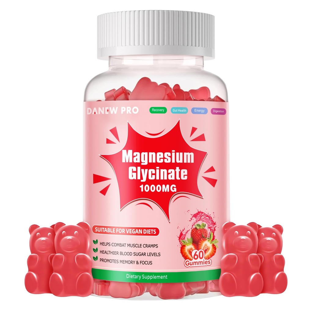 Magnesium Glycinate Gummies 1000mg - Sugar Free Magnesium Potassium Supplement med vitamin D, B6, Q10 för lugn humör och sömnstöd - 60 jordgummies