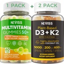 NEVISS 50+ Daily Gummy Multivitamin Algae Omega 3 & Calcium, CoQ10, Magnesium + Vitamin D3 5000IU Gummies 125mcg med Calcium 600mg, K2 (MK7) 200mcg