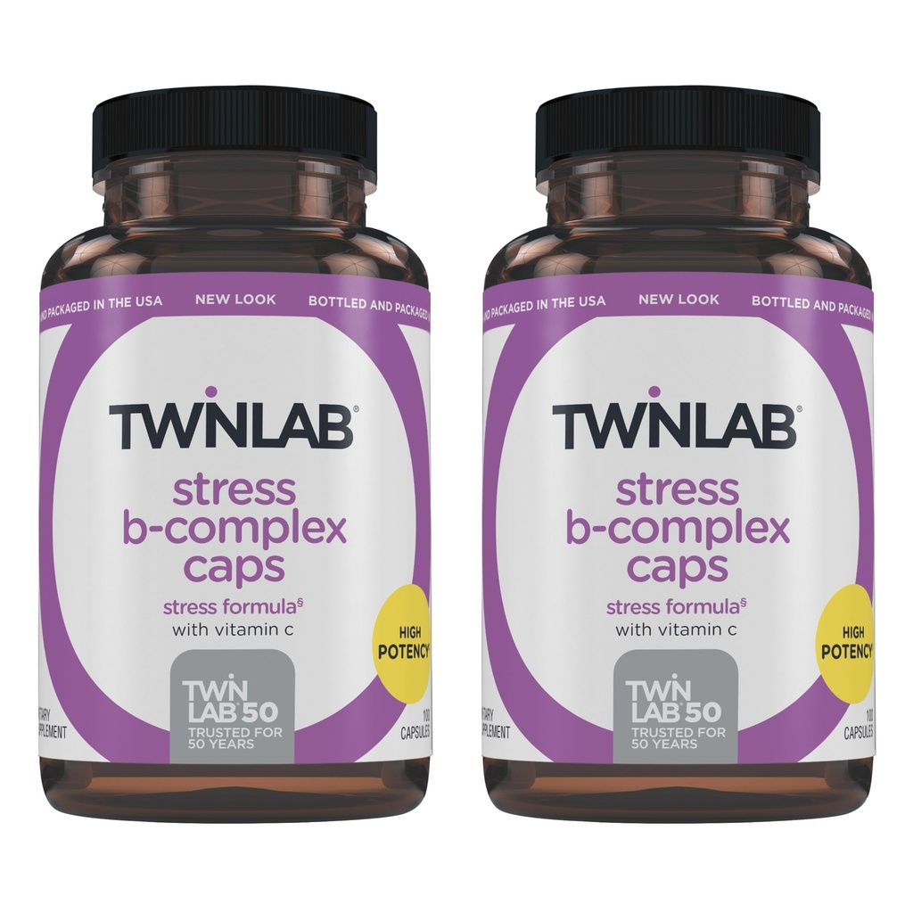 Twinlab Stress B-Complex Caps - Komplett B-Complex & 1000 mg Vitamin C - Energistödstillägg med vitamin B12 och B6-100 kapslar (Pack of 2)