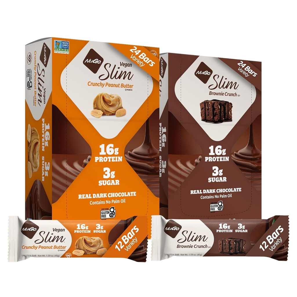 NuGo Slim 24ct Variety - Crunchy Peanut Butter 12 barer & Brownie Crunch 12 barer, 16g Protein, Keto Friendly, Gluten Free, 24 räkna