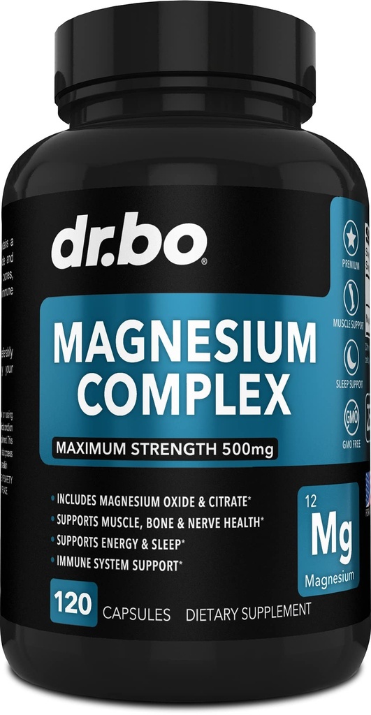 Magnesium Komplex Supplement Capsules 500mg - Stöd Energi, Relaxation, Leg Cramps & Legs - Hjälp Aid Muscle Support Supplements - Hög Absorption Premium Mag Citrate Oxide - 120 kapslar