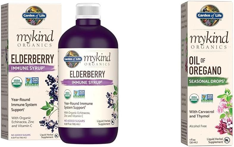 Garden of Life Organics Plant-Based Elderberry Immune Syrup 6.59 fl oz & Organics Oil of Oregano Seasonal Drops 1fl oz (30 mL) Liquid