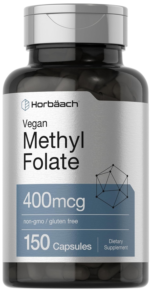 Horbäach Methyl Folate 400 mcg | 150 Vegan Capsules | Non-GMO, Gluten Free | Kosttillskott