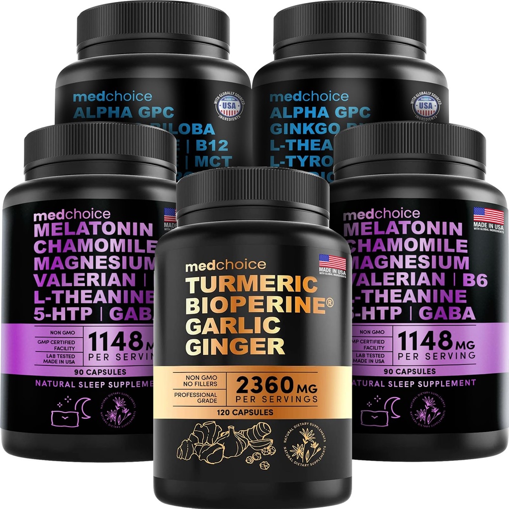 MEDCHOICE Turmeric & Ginger (120ct), Sleep Melatonin (180ct), and Nootropic Brain (120ct) Supplement Bundle - Wellness Trio for Brain, Sleep, & Immune Support - Vegan, Non-GMO, Gluten-Free