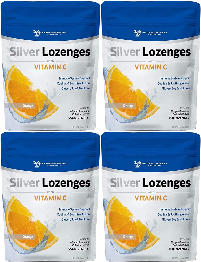 Silver Lozenges med vitamin C - Premium Nano Silver 60 PPM Colloidal Silver, Organisk Honung och Vitamin C Mineral Supplement Drops för att stödja Immune System, Soothe Cough & Throat - Pack av 4