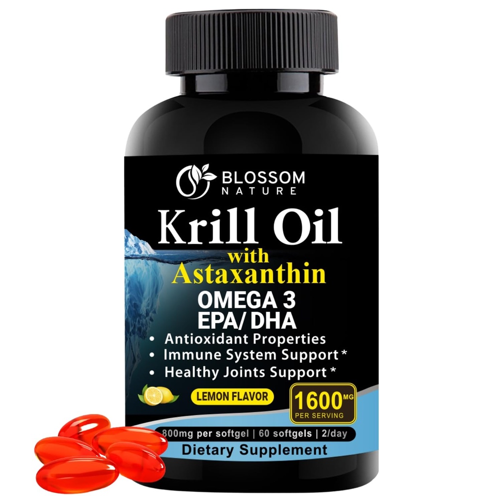 Antarctic Krill Oil Softgels-1600mg per servering med 2mg Astaxanthin, High Omega-3 (174mg EPA & 120mg DHA) i Fosfolipid Form-Supports Joint, Heart, Skin & Brain Health-60 Lemon-Flavored Softgels