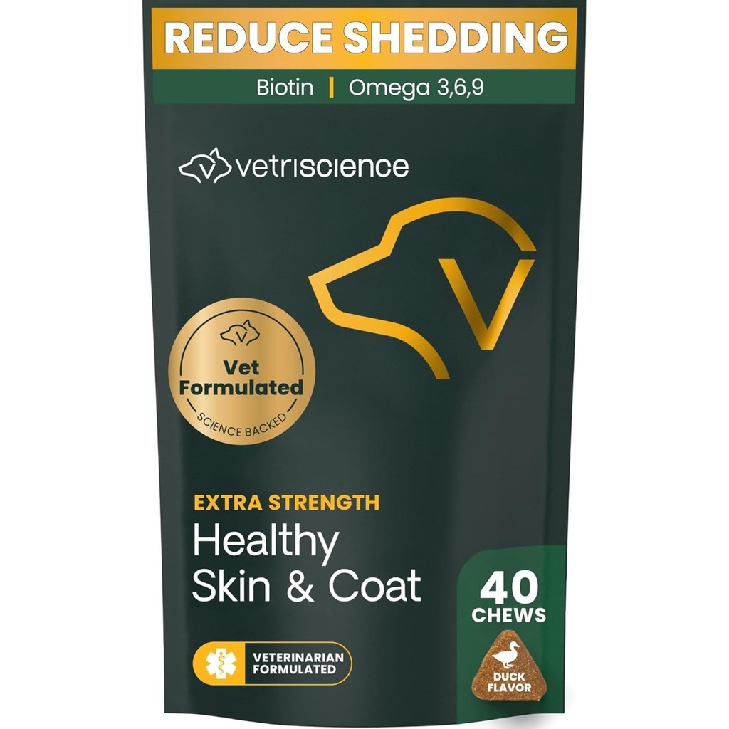 VetriScience Extra Strength Healthy Skin & Coat Chews, Omega Plus Supplement för hundar, med Balanced Omega 3, 6, 9, Fish Oil och Biotin, Skin Health, Coat Growth och Shine, Duck, 40 Count